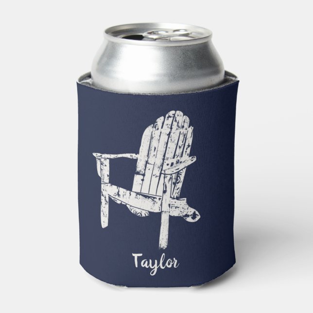 Adirondack Chair White and Navy Blue Personalized Can Cooler (Can Front)