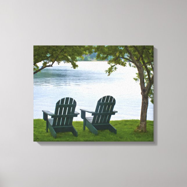 Adirondack Chairs facing a Lake Canvas Print (Front)