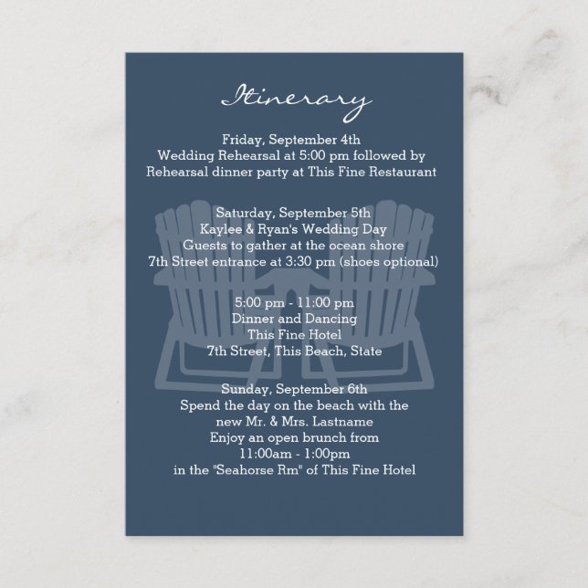 Adirondack Chairs Navy Blue Intinerary Enclosure Card (Front)