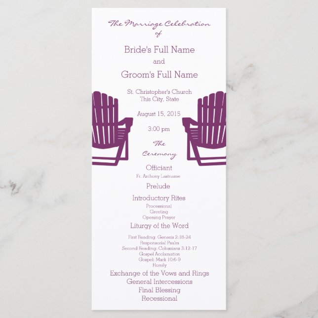 Adirondack Chairs Plum Beach Wedding Program (Front)