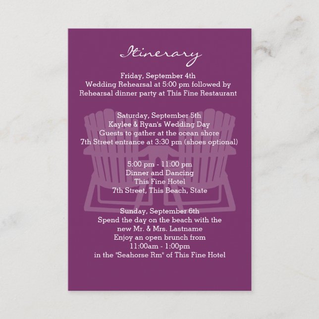 Adirondack Chairs Plum Intinerary Enclosure Card (Front)