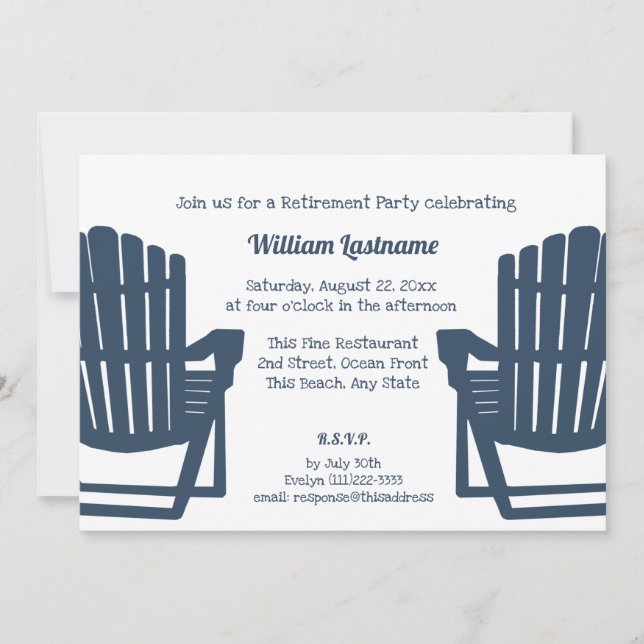 Adirondack Navy Blue Beach Chairs Retirement Party Invitation (Front)