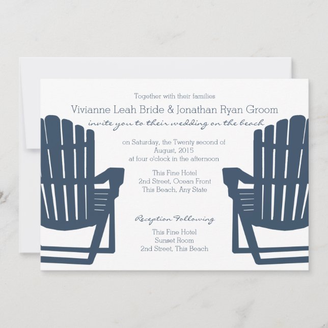 Adirondack Navy Blue Beach Chairs Wedding Invitation (Front)