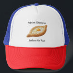 Adjarian Khachapuri  Trucker Hat<br><div class="desc">Adjarian Khachapuri is a traditional Georgian dish from the region of Adjara, located along the Black Sea coast of Georgia. It is a boat-shaped bread made from soft yeast dough, filled with melted cheese, and topped with a fresh egg yolk and a slice of butter. Before eating, the egg and...</div>