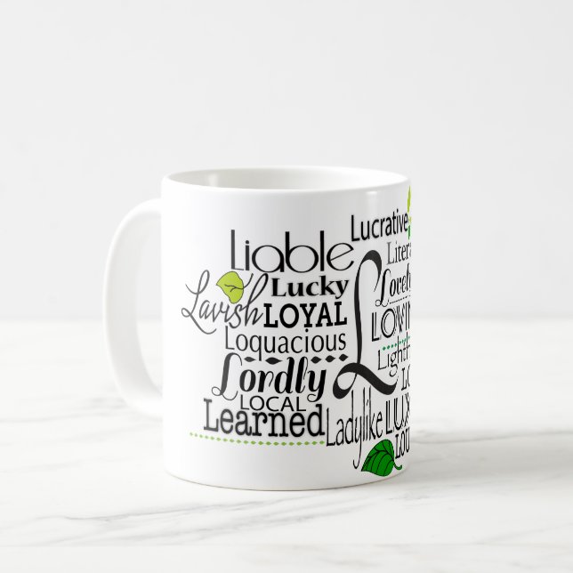 Adjective Word Cloud beginning with letter L Coffee Mug (Front Left)