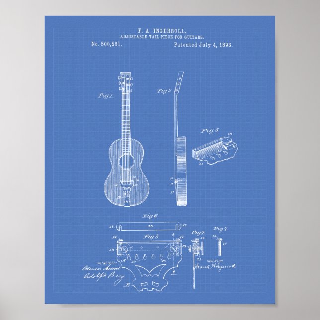 Adjustable Guitars 1893 Patent Art Blueprint Poster (Front)