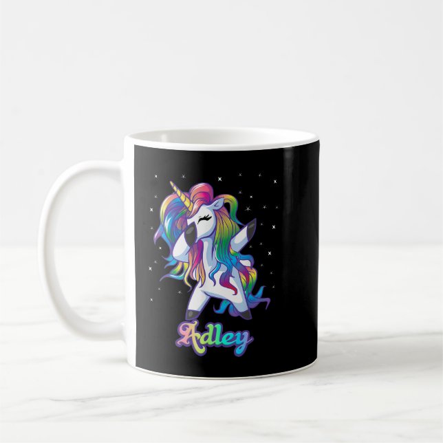 ADLEY Name Personalized Custom Rainbow Unicorn Dab Coffee Mug (Left)