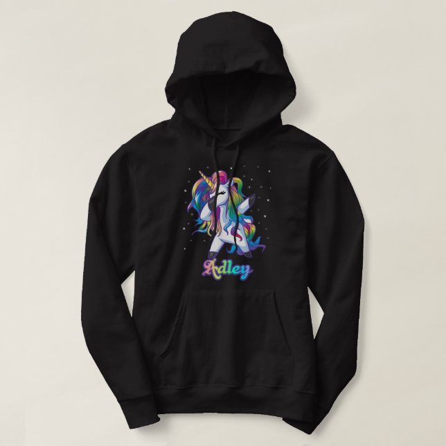 ADLEY Name Personalized Custom Rainbow Unicorn Dab Hoodie (Design Front)