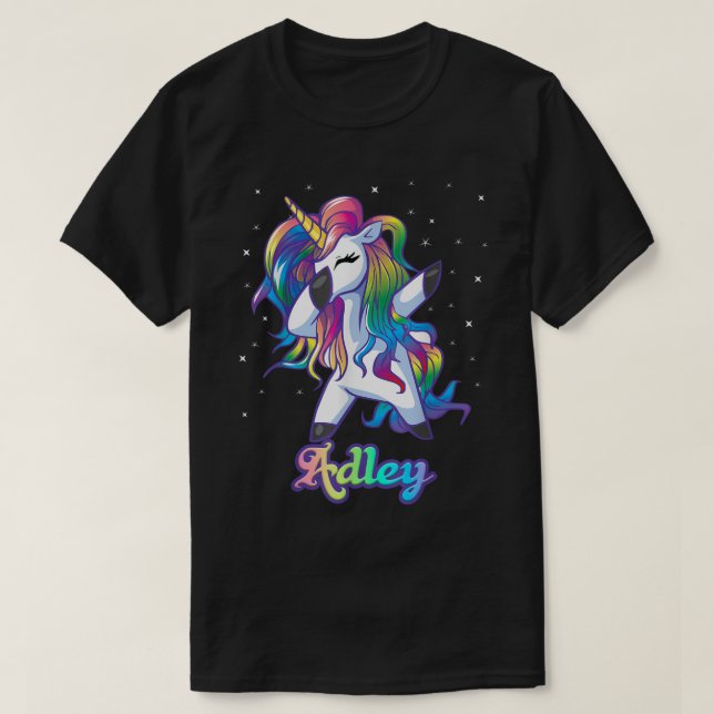 ADLEY Name Personalized Custom Rainbow Unicorn Dab T-Shirt (Design Front)