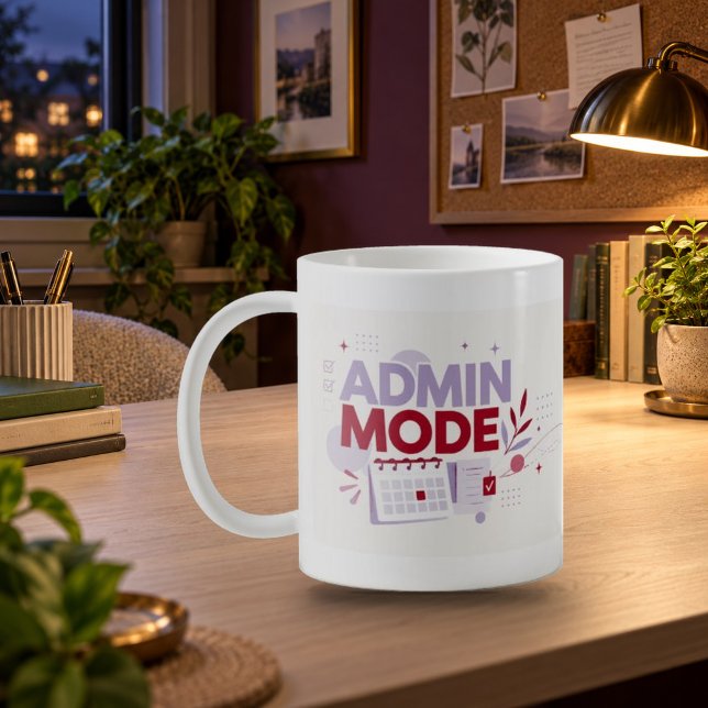 Admin Mode Office Typography Mug (Admin Mode Office Typography Mug — refined lighting and contact shadows. Digital lifestyle preview.)