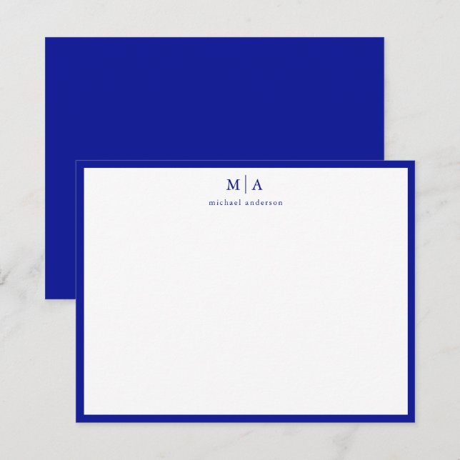 Admiral Blue Border Monogram Correspondence Card (Front/Back)
