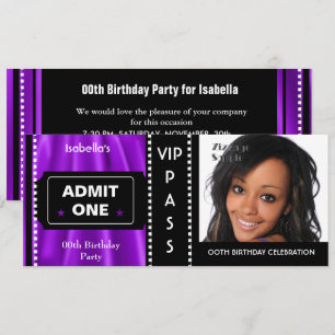 Admission Ticket Birthday Party Photo Purple Black Invitation
