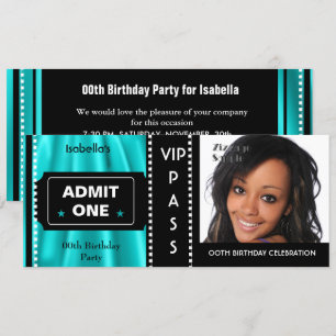 Admission Ticket Birthday Party Photo Teal Black Invitation