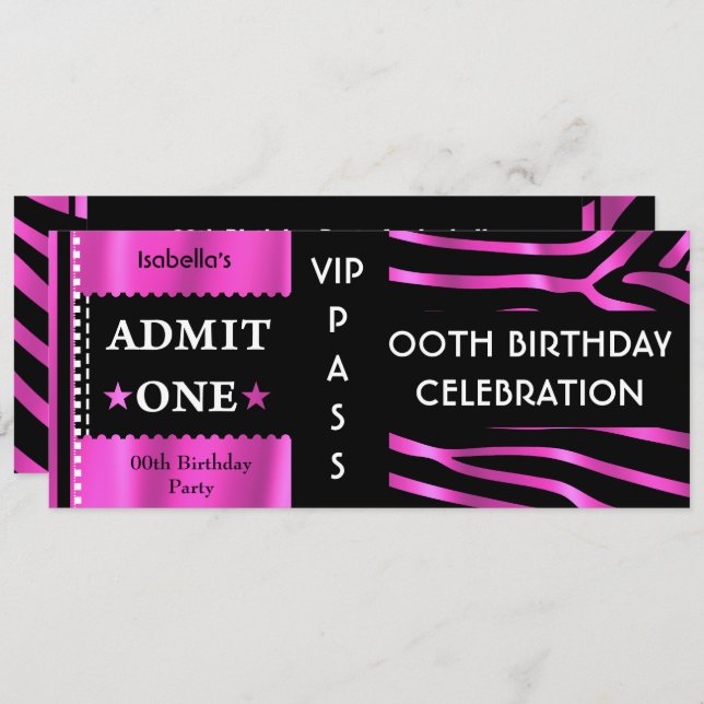 Admission Ticket Birthday Party Zebra Pink Black Invitation (Front/Back)