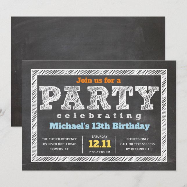 Ado Boy Invitation Anniversaire Chalkboard Multico (Devant / Derrière)
