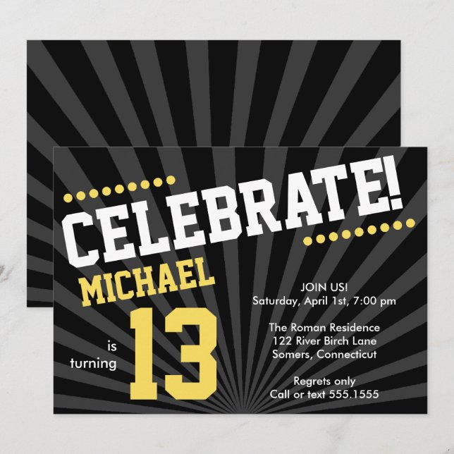 Ado Boy Invitation anniversaire, Jaune et Noir (Devant / Derrière)