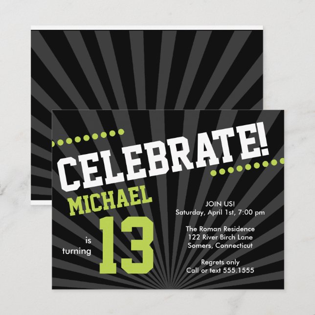 Ado Boy Invitation d'anniversaire, Lime Green et B (Devant / Derrière)