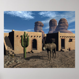 Adobe Dwellings and Burro Poster