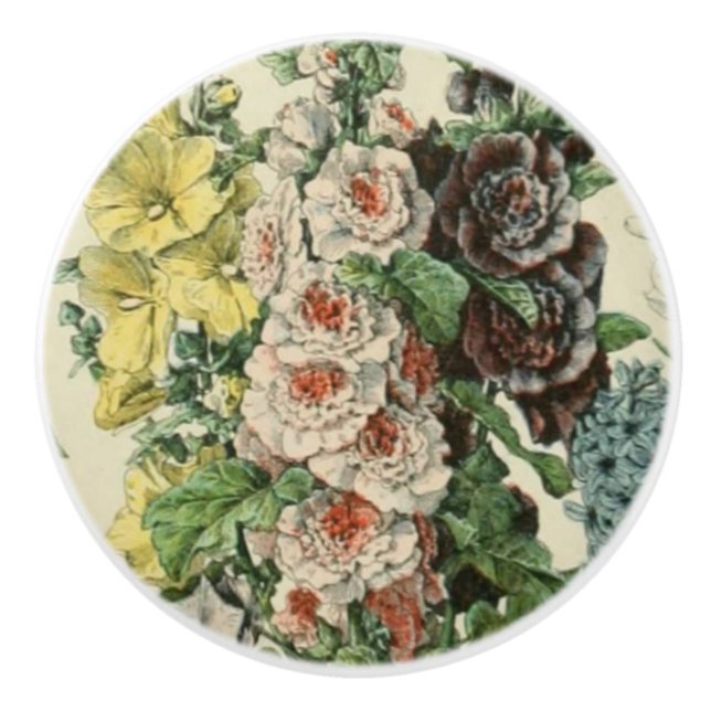 Adolph Millot Botanical Vintage Hollyhocks Ceramic Knob (Front)