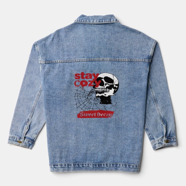 ADOM "Stay Cozy" Women's Long-Sleeve Graphic Tee Denim Jacket (Back)
