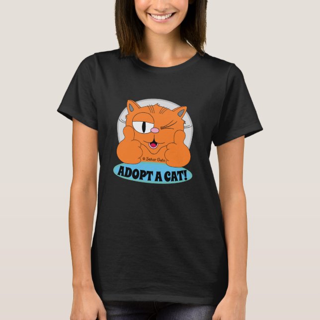 ADOPT A CAT! Thumbs Up Cartoon Cat T-Shirt (Front)
