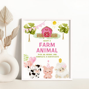 Adopt a Farm Animals Barnyard Girl Birthday Poster