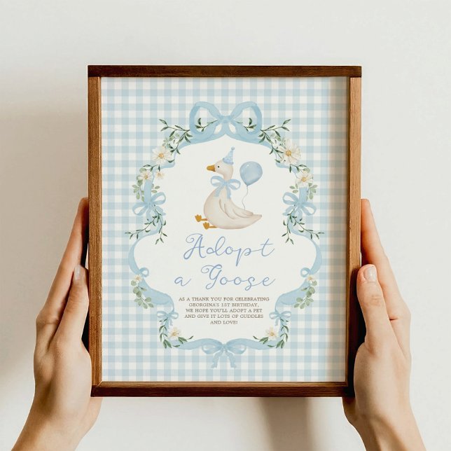 Adopt a Goose Blue Bow Gingham Birthday Decor Sign (Creator Uploaded)