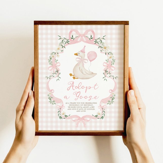 Adopt a Goose Pink Bow Gingham Birthday Decor Sign (Creator Uploaded)
