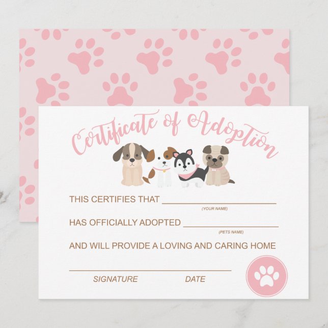 Adopt a Puppy Birthday Certificate of adoption Card (Front/Back)