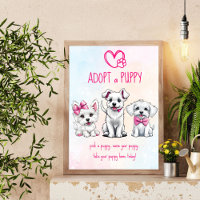 Adopt  a puppy party sign cute white pink puppies