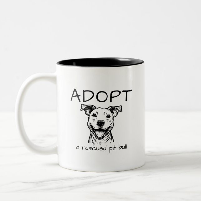 ADOPT a rescued pit bull (happy with perky ears) Two-Tone Coffee Mug (Left)