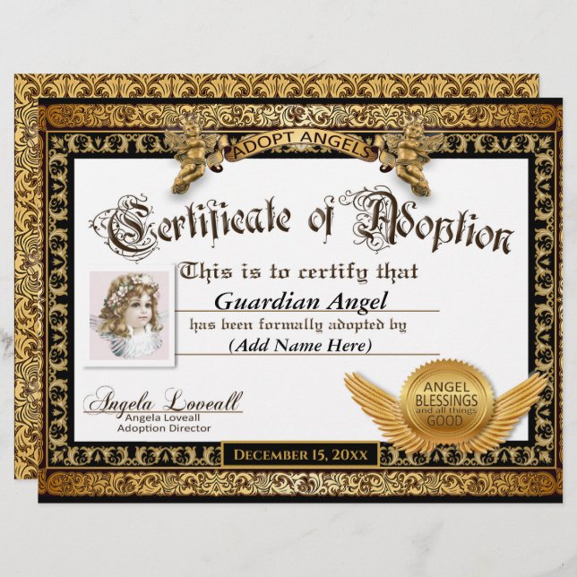 Adopt Angels™ Certificate of Adoption (Front/Back)
