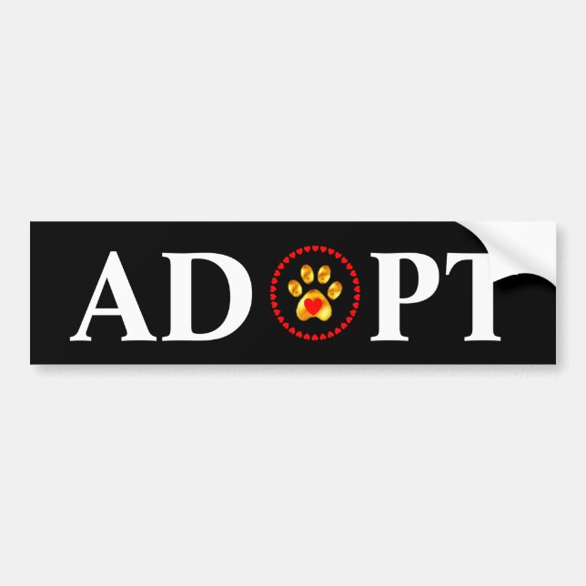Adopt calligraphy with pet paw & hearts on black bumper sticker (Front)