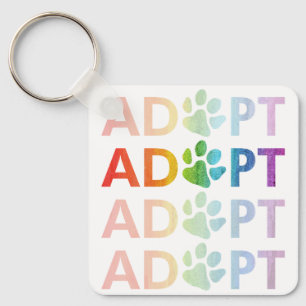Adopt Paw Stacked Text Rainbow Keychain