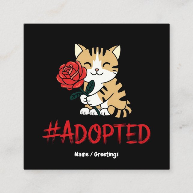 Adopted Cat Love Illustration with Rose Square Business Card (Front)