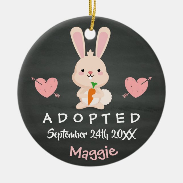 Adopted - Customized Pink Bunny Adoption Gift Ceramic Ornament (Front)