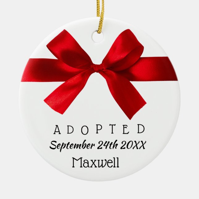 Adopted Red Ribbon - Custom Name, Date, & Photo Ceramic Ornament (Front)