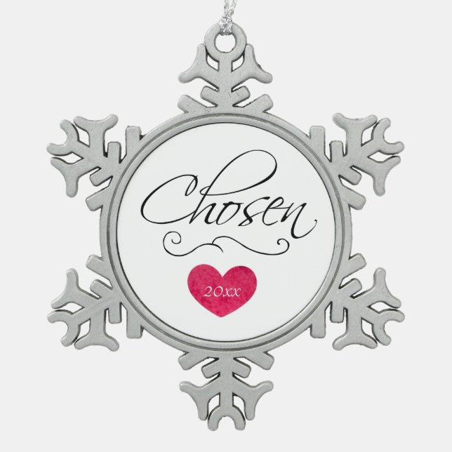 Adopted Scrolling Chosen Dated Adoption Gift Snowflake Pewter Christmas Ornament (Front)