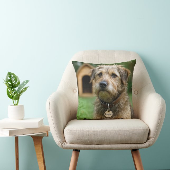 Adopted Scruffy Dog With Doghouse Throw Pillow (Chair)