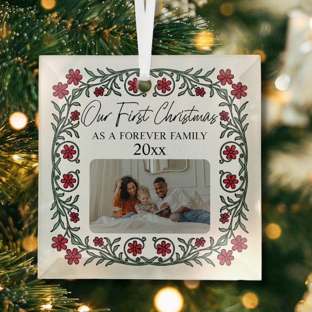 Adoption Our First Christmas As A Forever Family Glass Ornament (Our first christmas as a forever family custom date picture adoption photo keepsake ornament gift)
