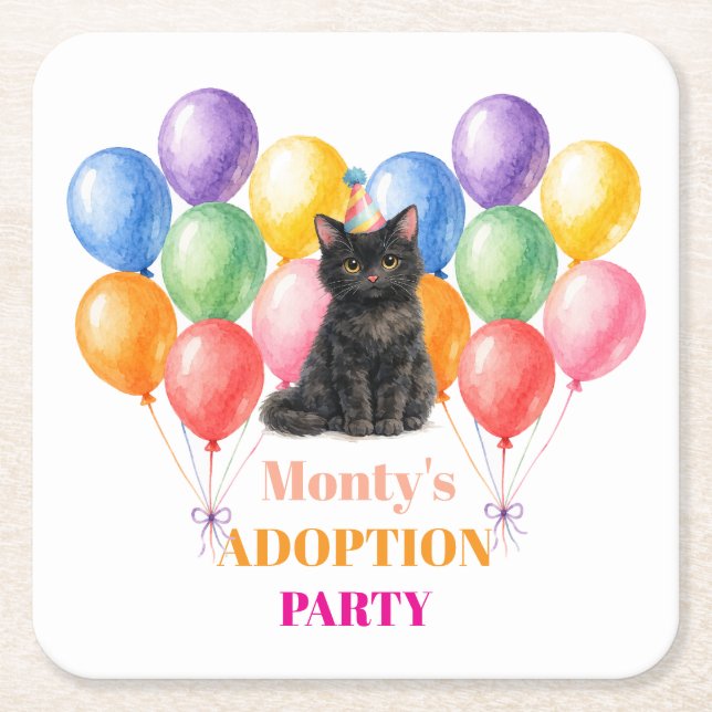 Adoption Party Gotcha day Black Cat Pet Square Paper Coaster (Front)