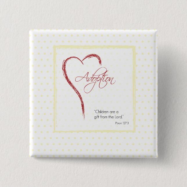 Adoption, Religious, Yellow Dots with Red Heart 2 Inch Square Button (Front)