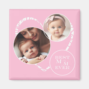 Adorable 3-Photo "Best Mom Ever" Pink, White Heart Magnet