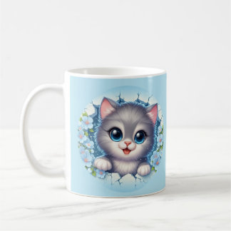 Adorable 3D Cat Peeking Through Floral Wall Design Coffee Mug
