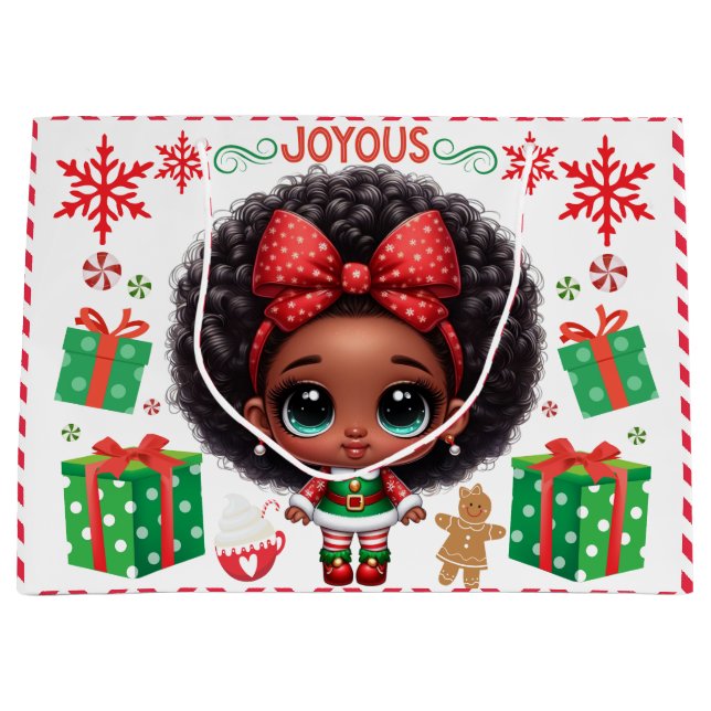 Adorable Afro Baby Girl Christmas Elf Large Gift Bag (Front)