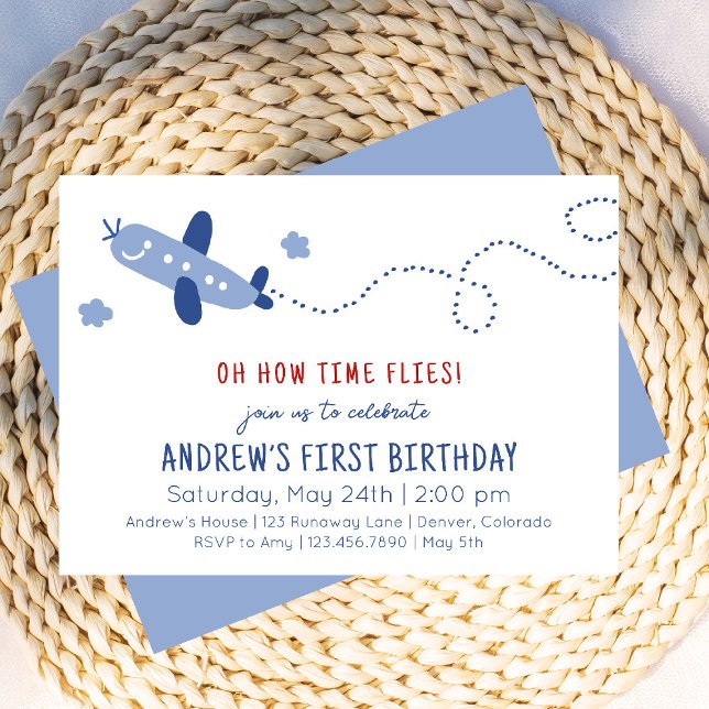 Adorable Airplane How Time Flies First Birthday Invitation (Creator Uploaded)
