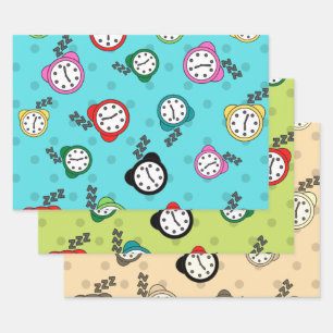 Adorable alarm clock  blue green beige party wrapping paper sheet