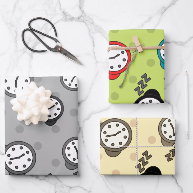 Adorable alarm clock three colours party wrapping paper sheet (Front)