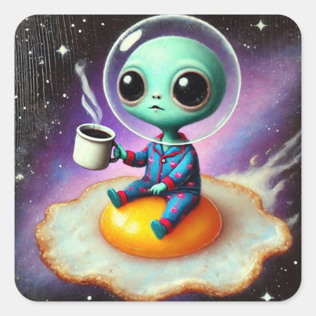 Adorable Alien Floating Egg in Space With Coffee Square Sticker (Front)