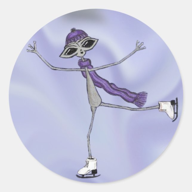Adorable Alien Ice Skating in Winter Classic Round Sticker (Front)